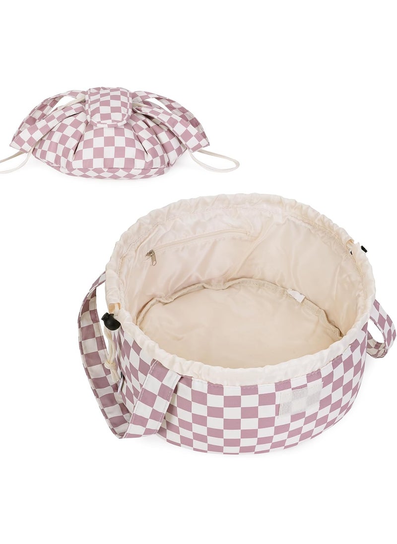 Narwey Barrel Drawstring Checkered Makeup Bag Large Cosmetic Bag Make up Bags Toiletry Bag Travel Bags for Toiletries Organizer for Women Gift for Teen Girls (Dusty Rose Checkerboard) (Patent)