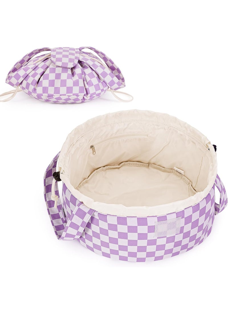 Narwey Barrel Drawstring Checkered Makeup Bag Large Cosmetic Bag Make up Bags Toiletry Bag Travel Bags for Toiletries Organizer for Women Gift for Teen Girls (Purple Checkerboard) (Patent)
