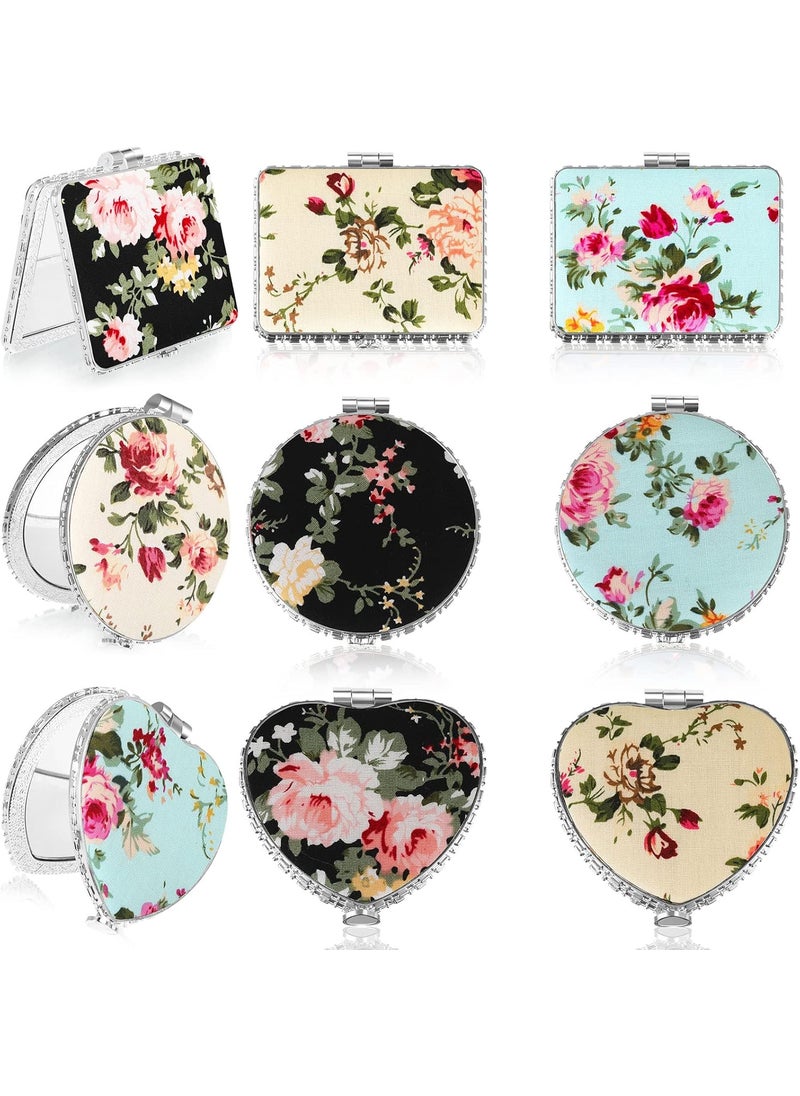Blulu 9 Pcs Vintage Floral Compact Mirror Small Folding Pocket Mirror Bulk for Purse Portable for Women Christmas Beauty Gifts, Round Square Heart(Silver,Peony Pattern)
