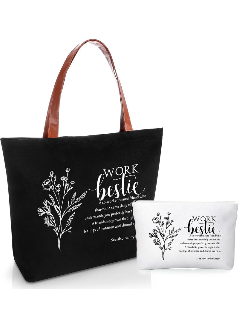 Sieral 2 Pieces Work Besties Tote Bag Galentines Day Gifts for Women Friend Makeup Bag with Zipper Friendship Canvas Bag for Work Bestie Work Friends Coworker Leaving Retirement Farewell Teacher Nurse
