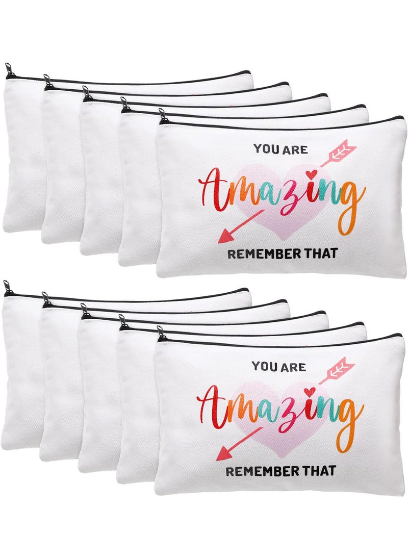 Chunful 10 Pieces Inspirational Canvas Makeup Bags for Women Graduation Gift Rainbow Canvas Cosmetic Bags Bulk with Zipper Friendship Gift Travel Toiletry Pouch(Heart Style)