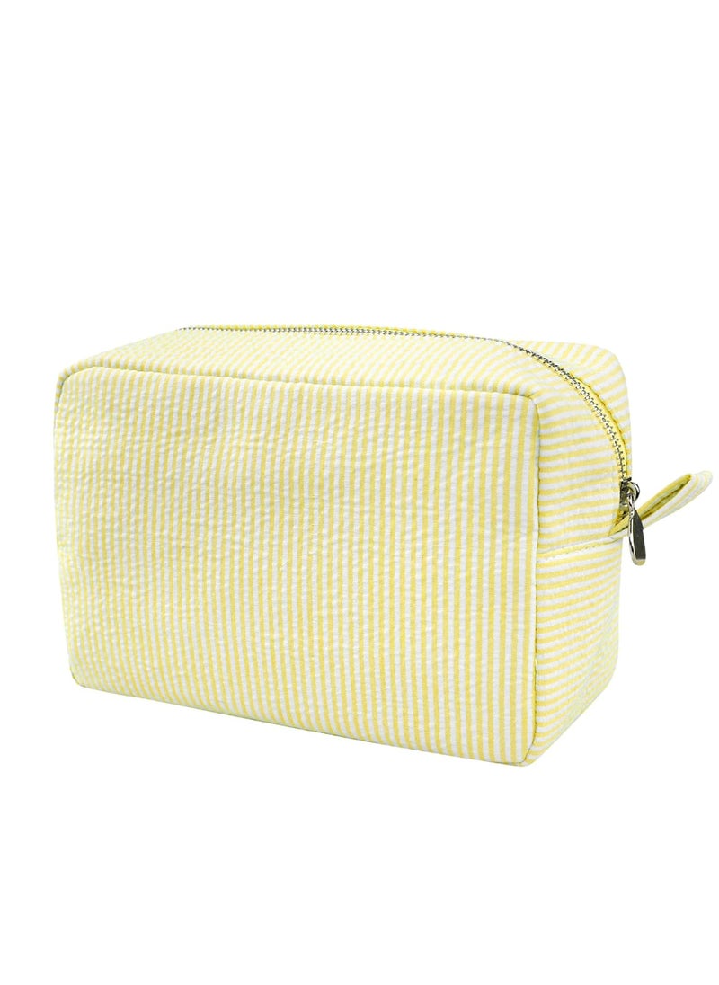 GFU Cosmetic Bags for Women, Seersucker Cosmetic Bag, Travel Toiletry Stripe Makeup Bag, Large Women Aesthetic Organizer Storage Pouch, Girls Handbags Purses, Yellow