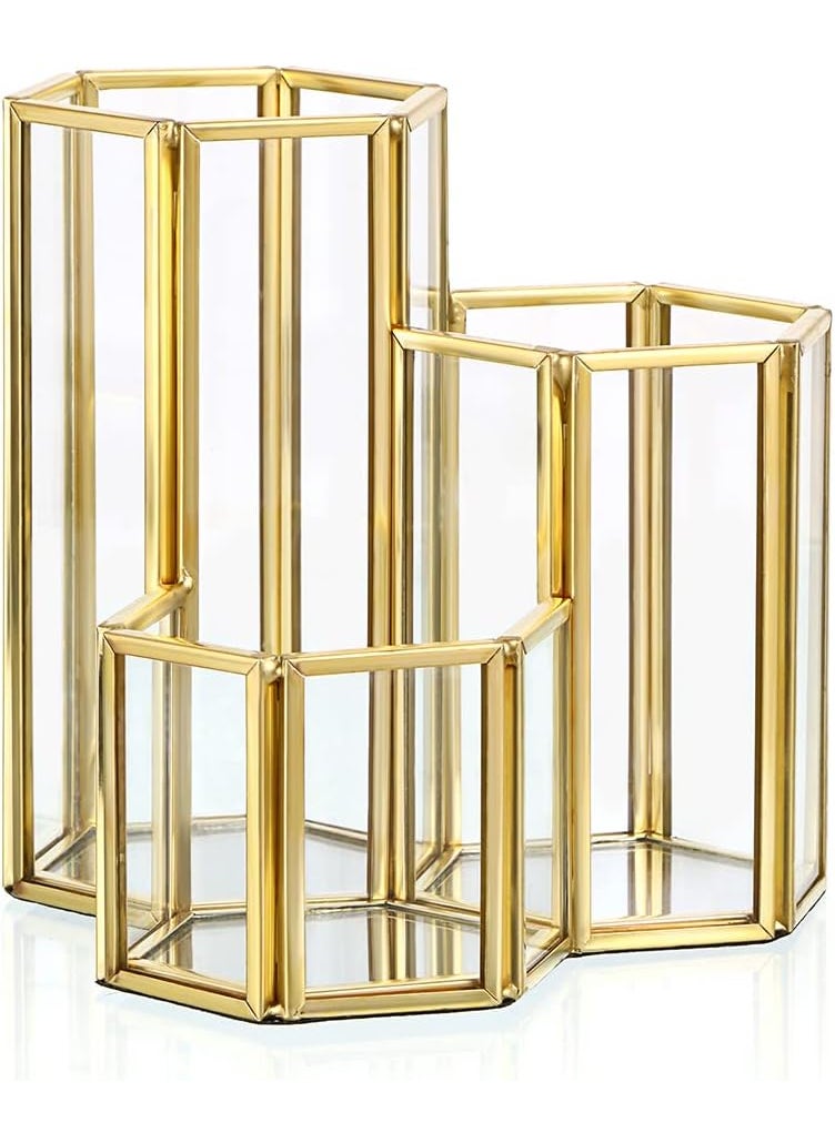 Hipiwe 3 Slots Glass Makeup Brush Holder - Gold Hexagon Cosmetics Brush Eyeliners Display Cup Home Decorative Makeup Organizer Desktop Pen/Pencil Pot Holder for Office