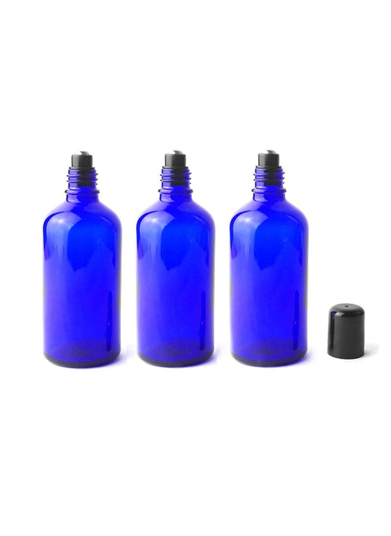 3PCS 100ml 3.4oz Empty Refillable Cobalt Blue Glass Roll-on Bottle Essential Oil Roller Bottles with Stainless Steel Roller Balls and Black Cap Perfumes Lip Balms Attar Container