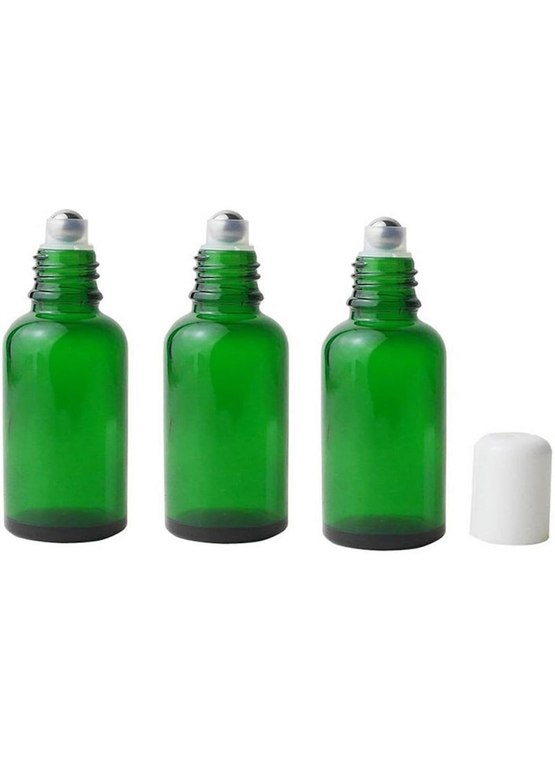 VASANA 3PCS 50ml Empty Refillable Green Glass Essential Oil Roll On Bottles Cosmetic Sample Packing Jars Pots with Metal Roller Ball And White Cap For Essential Oil Perfume