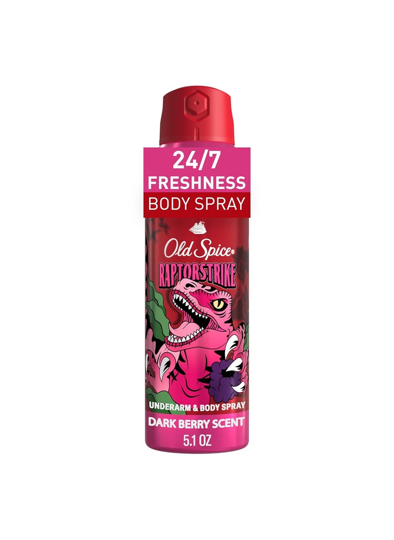 Old Spice Aluminum Free Deodorant Dry Body Spray for Men, 24/7 Freshness & Lasting Scent, 24/7 Long Lasting Sweat & Odor Protection, Raptorstrike, Dark Berry Scent, 5.1 oz