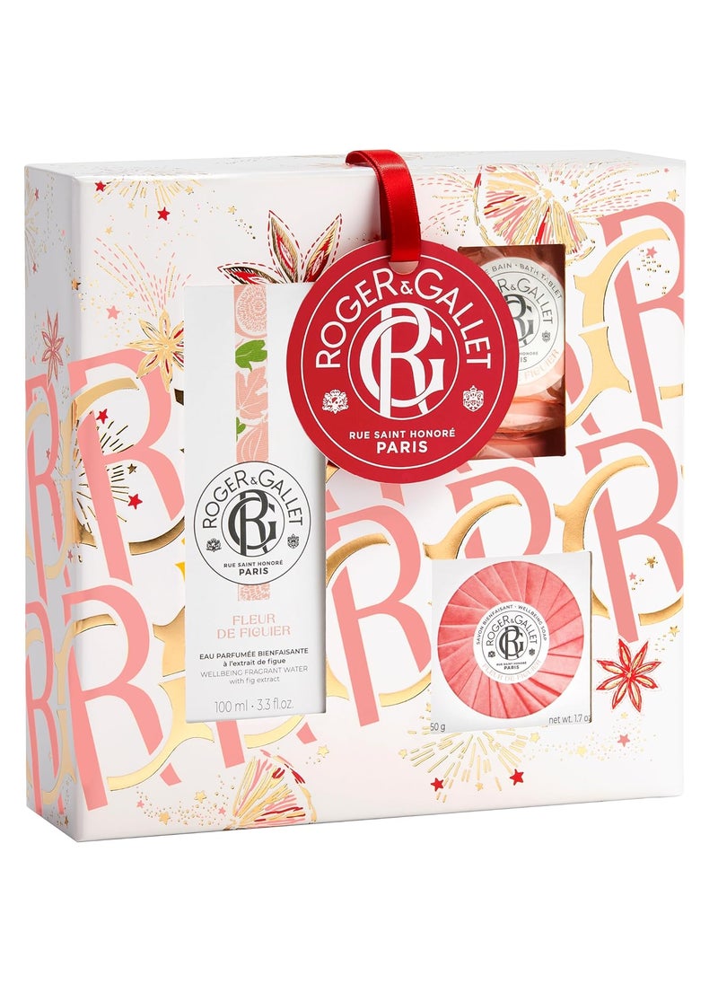 ROGER & GALLET Fleur de Figuier Gift Set | Fig Blossom | 3.3 fl oz Spray| 1.7 oz Soap | Bath Tablets