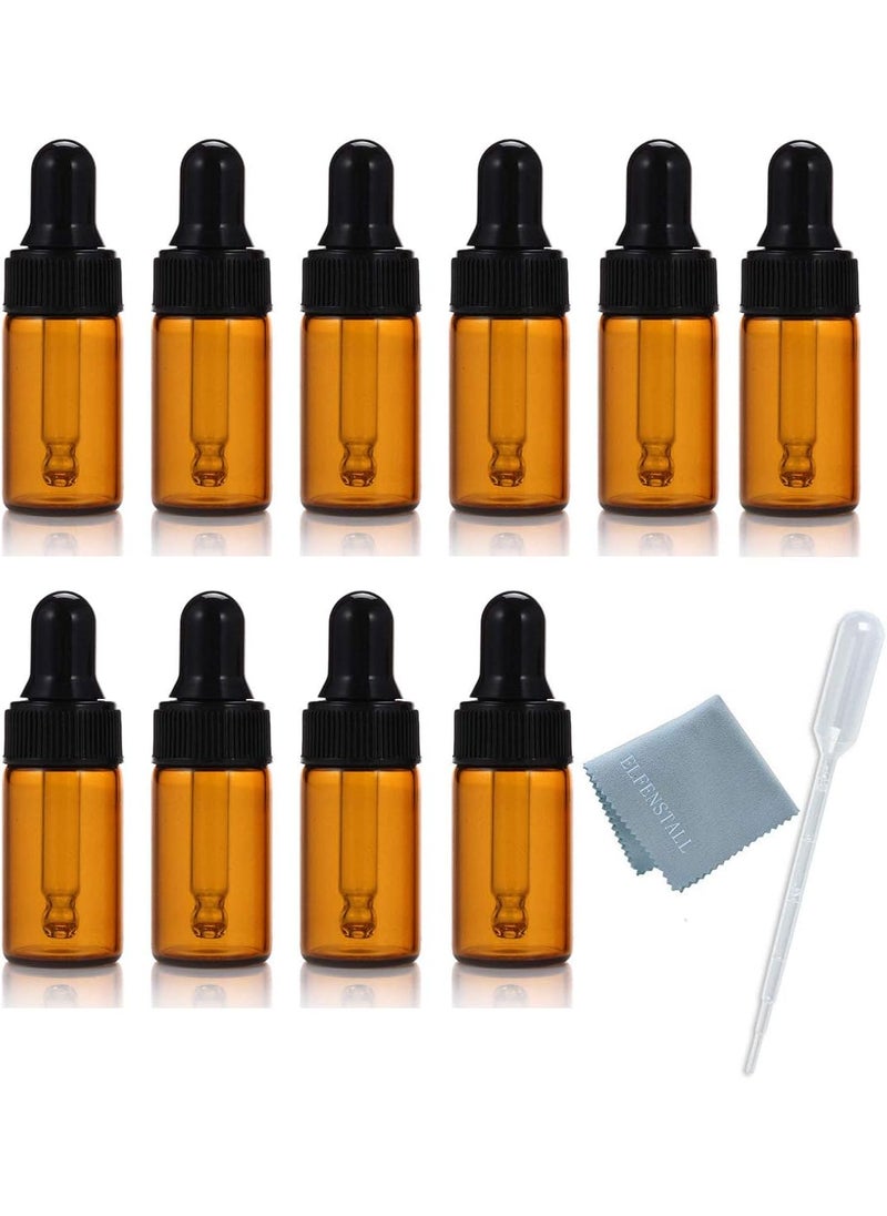 ELFENSTALL- 10pcs 10ml 1/3oz Amber Mini Glass Bottle Amber Sample Vial Small Essential Oil Bottle with Glass Eye Dropper Refillable Containers + 1pc Glass Clean Cloth + 1pc 3ml Dropper