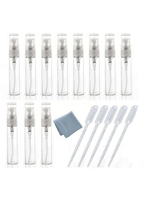 Elfenstal- 20pcs Mini Clear 5ml 1/6OZ Atomizer Fine Mist Empty Glass Bottle Spray Refillable Fragrance Perfume Scent Sample Bottle 1pc Clean Cloth for Travel Party Makeup Tool 5pcs Free 3ml Pipette