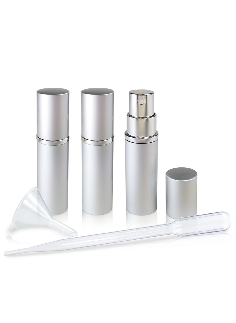 L'AUTRE PEAU Refillable Perfume & Cologne Fine Mist Atomizers with Metallic Exterior & Glass Interior - 5ml Portable Travel Size - 3ml Squeeze Transfer Pipette Included (3 Pack, Silver)