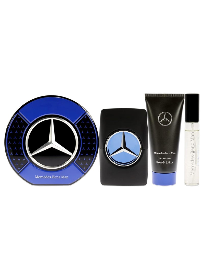 Mercedes-Benz Man Gift Set Perfumes for Men - Contains 0.5 oz and 3.4 oz of EDP Spray and 3.4 oz of Shower Gel - Aromatic Woody Fruity Scents - Opens with Notes of Ambrette Seeds and Pear - 3 pc