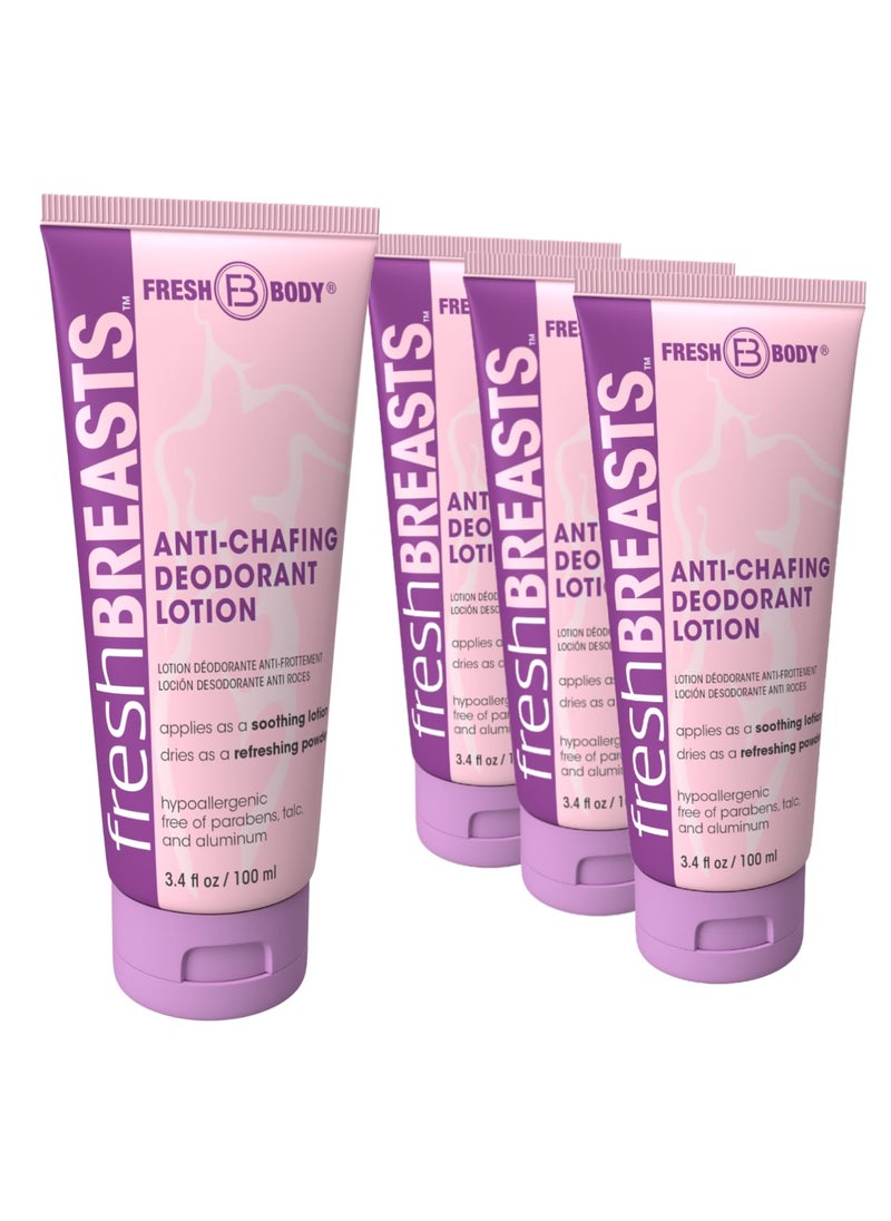 Fresh Body FB Fresh Breasts Anti-Chafing Deodorant Lotion to Powder, 3.4 Fl Oz (4 Pack) Anti Chafe Cream Whole Body Deodorant for Women, Inner Thighs & Areas that Sweat, No Talc, Aluminum & Fragrance