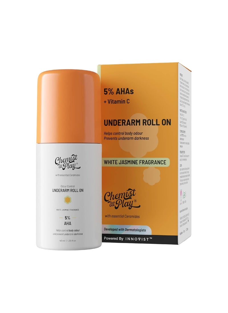 UnderArm Roll-On with 5% AHA, Lactic Acid & 1% Mandelic Acid | Prevents Body Odour, Brightens Skin & Exfoliates Underarm | For Sensitive Skin |White Jasmine Fragrance|Alcohol Free-40ml