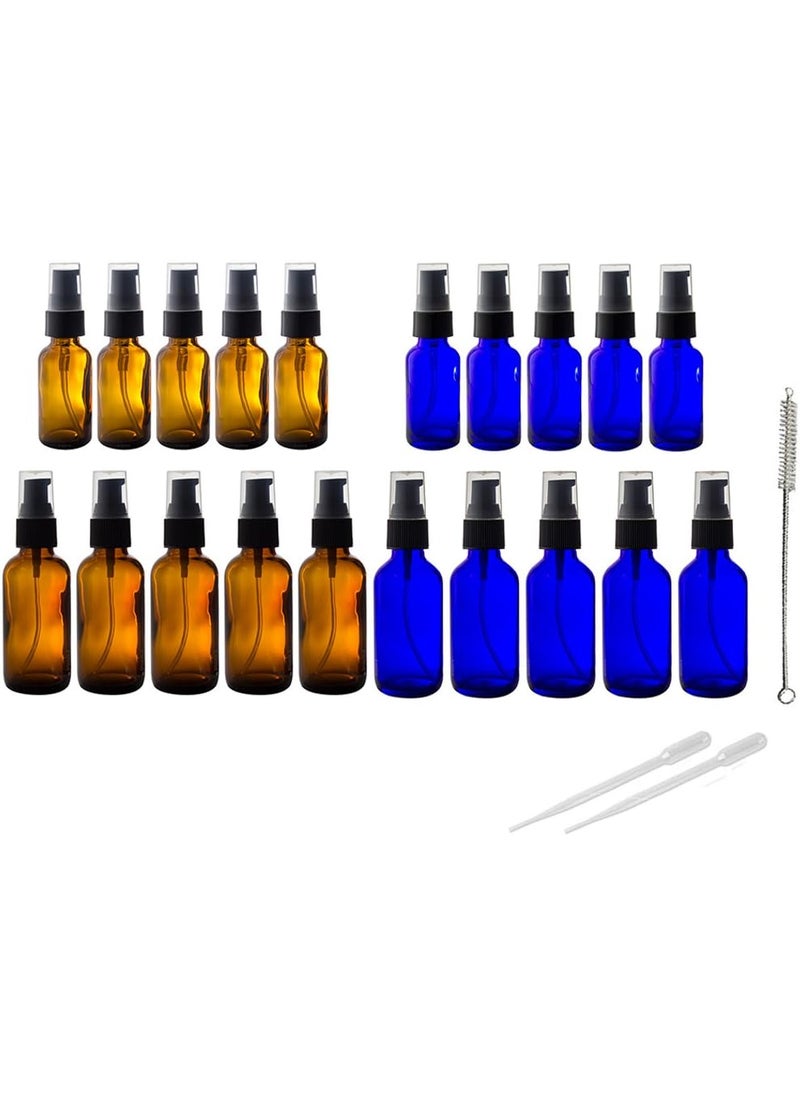 Amber & Cobalt Blue Glass Bottles Treatment Pump 20 PCS Set Kit- Includes 5-1 oz Amber Bottle, 5-2 oz Amber Bottle, 5-1 oz Cobalt Blue Bottles, 5-2 oz Cobalt Blue Bottles + 2 Pipettes,1 bottle brush