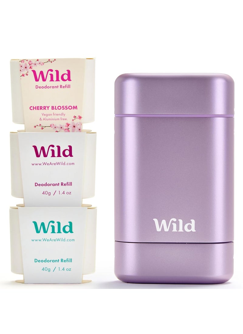 Wild - Purple Case with Refill Variety Pack - Refillable Deodorant - Aluminum Free - Includes Fresh Cotton & Sea Salt, Cherry Blossom and Coconut & Vanilla Scents - Vegan