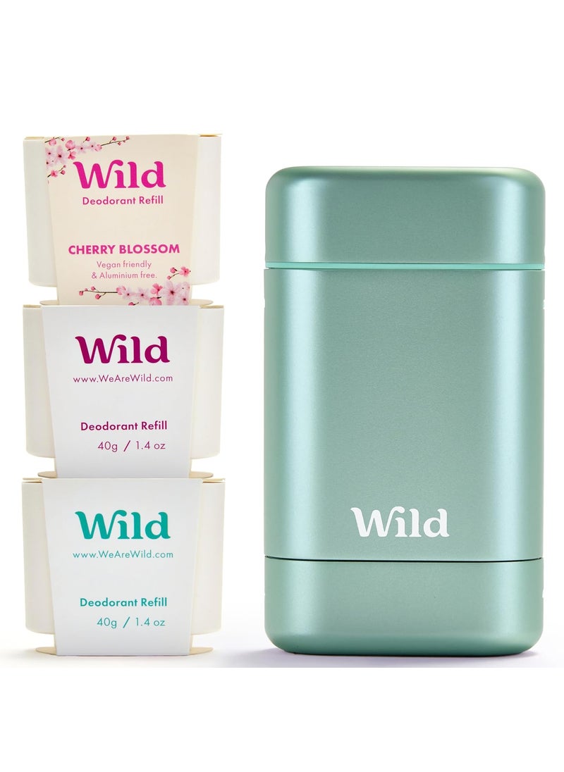 Wild - Aqua Case with Refill Variety Pack - Refillable Deodorant - Aluminum Free - Includes Fresh Cotton & Sea Salt, Cherry Blossom and Coconut & Vanilla Scents - Vegan