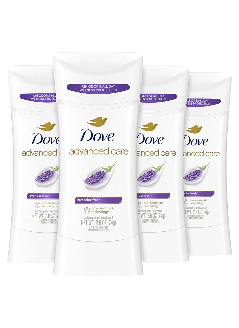 Dove Advanced Care Antiperspirant Deodorant Stick Lavender Fresh 4 ct for helping your skin barrier repair72 hr odor control and sweat protection for soft underarms with boosted ceramide levels 2.6 oz