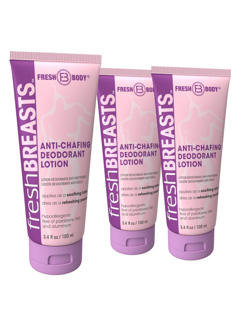 Fresh BREASTS Anti Chafing Deodorant Lotion to Powder, 3.4 Fl Oz (3 Pack) Anti Chafe Cream Whole Body Deodorant for Women, Inner Thighs & Areas that Sweat - No Talc, Aluminum and Fragrance