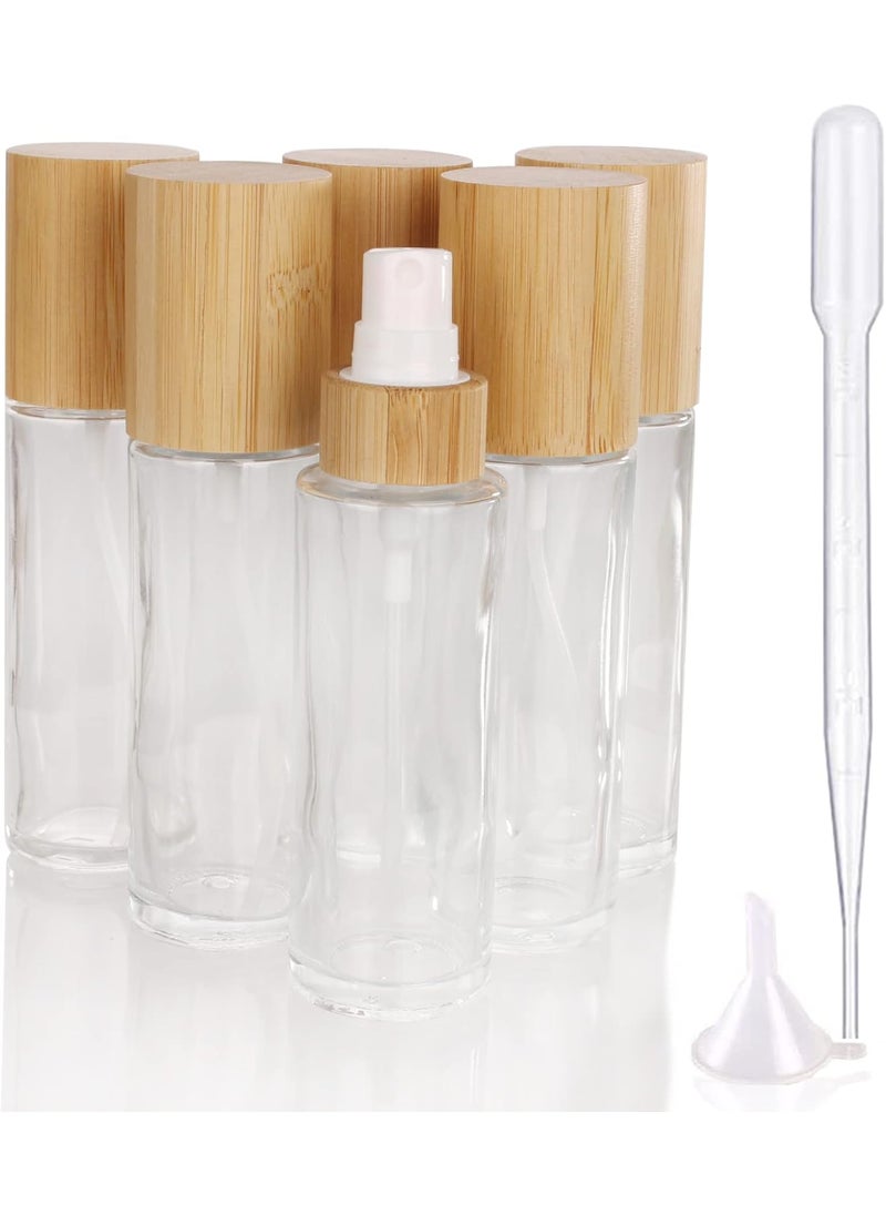COSIDEA 6 pcs Empty 2oz /60ml bamboo lid clear glass spray bottle with fine mist despenser head for liquid perfume toiletries containers, toner bottles
