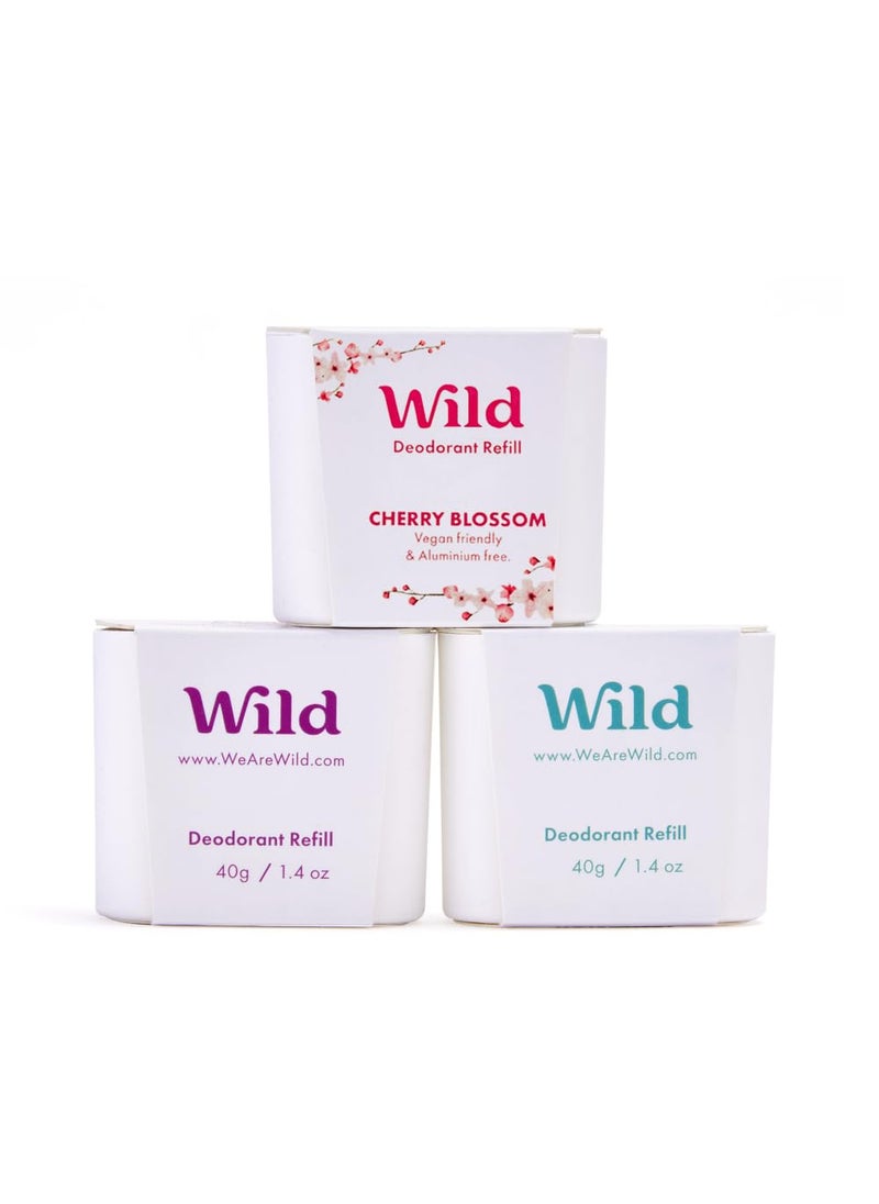 Wild - Refillable Deodorant Variety Pack - Aluminum Free - Scents Include Fresh Cotton & Sea Salt, Cherry Blossom and Coconut & Vanilla - Long Lasting Protection
