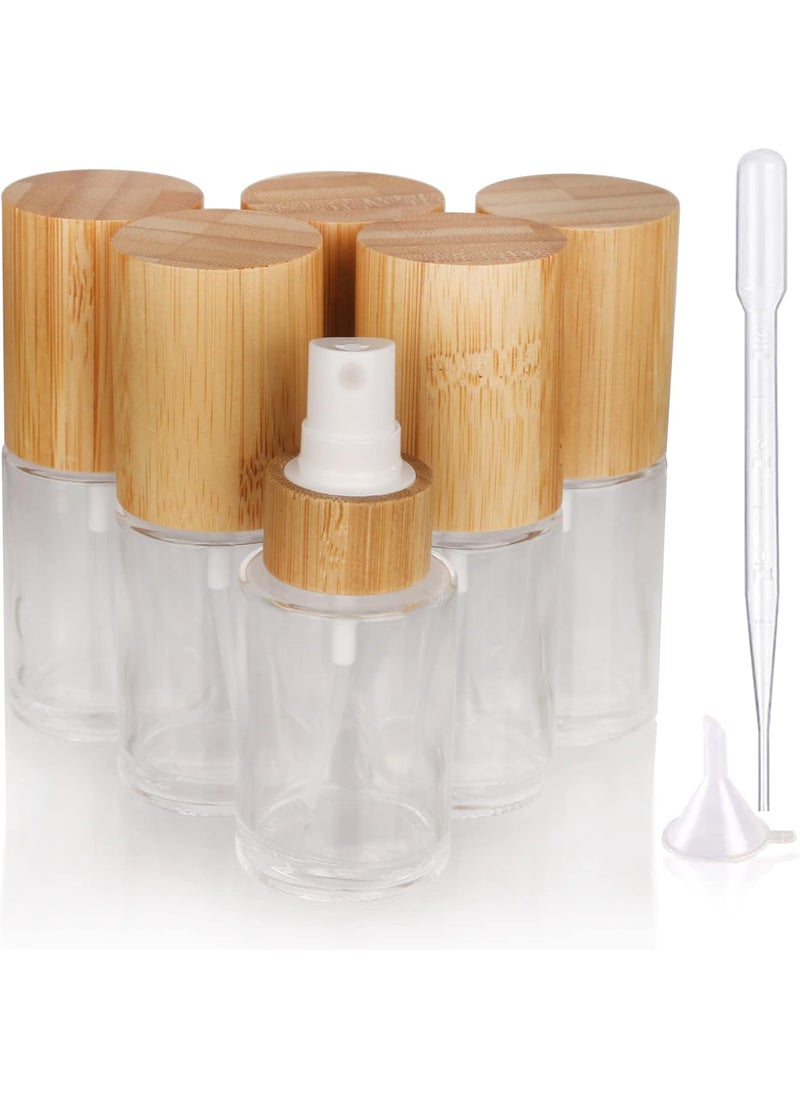 COSIDEA 6 pcs Empty 1oz / 30ml bamboo lid clear glass spray bottle with fine mist despenser head for liquid perfume toiletries, toner bottles