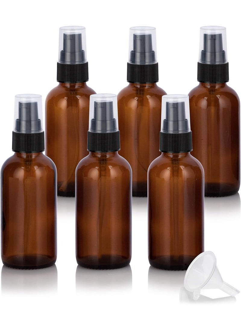 JUVITUS 2 oz Amber Glass Boston Round Black Treatment Pump Bottle (6 pack) + Funnel Refillable Empty Storage Containers
