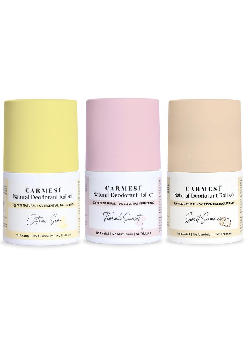 Natural Underarms Roll On Deodorant Combo (3 Piece Set) - Citrus Sea, Floral Sunset & Sweet Summer | Non-Sticky Deo | No Aluminium & Alcohol-Free for Women | (3 x 1.69 Fl Oz)