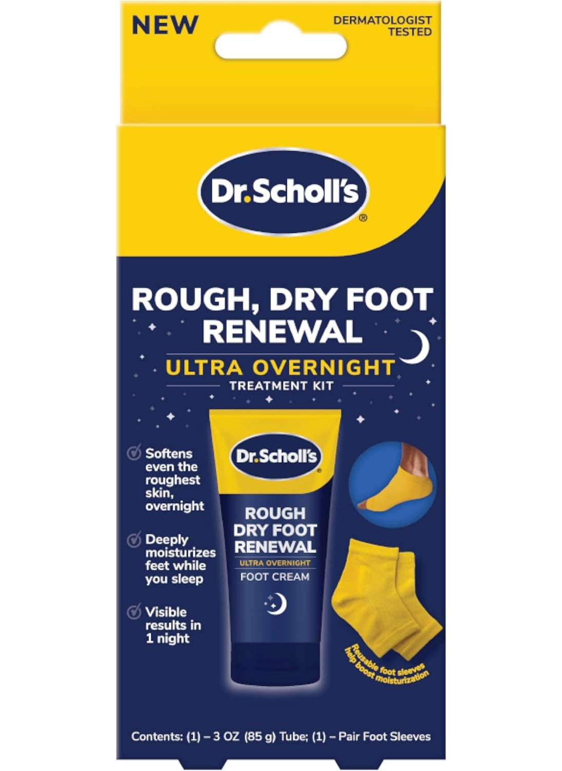 Dr. Scholl's Rough, Dry Foot Renewal Ultra Overnight Treatment with Overnight Foot Cream 3oz with Aloe, Coconut Oil & Urea and Heel Sleeve Socks, Deeply Moisturize & Soften Feet, Dermatologist Tested