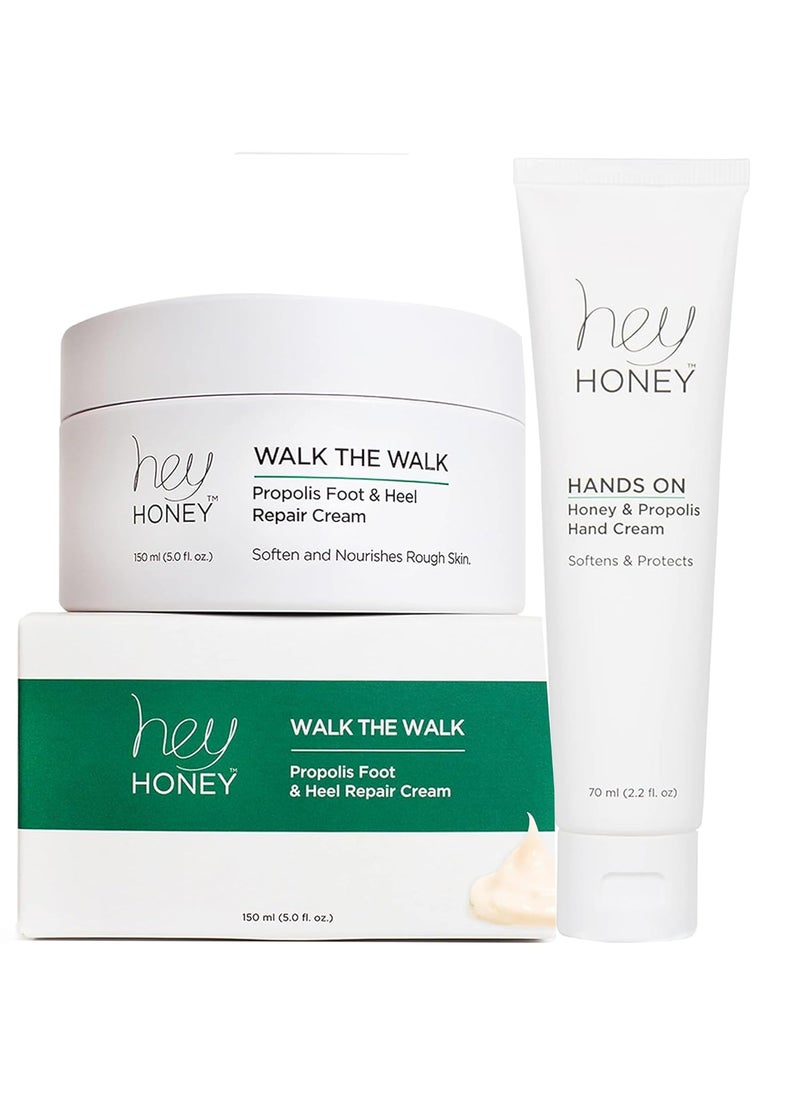 Hey Honey Walk The Walk & Hands On | Hands and Feet Honey & Bee Propolis Treatment Duo | For Soft Hydrated Hands Cracked Elbows Feet and Heels Full Size Items | 7.5 Oz