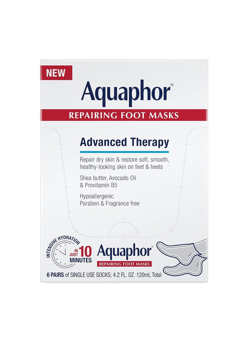 Aquaphor Repairing Foot Masks, Moisturizing Socks for Dry Feet, Hydrating Foot Care Treatment with Avocado Oil and Shea Butter, Pack of 6