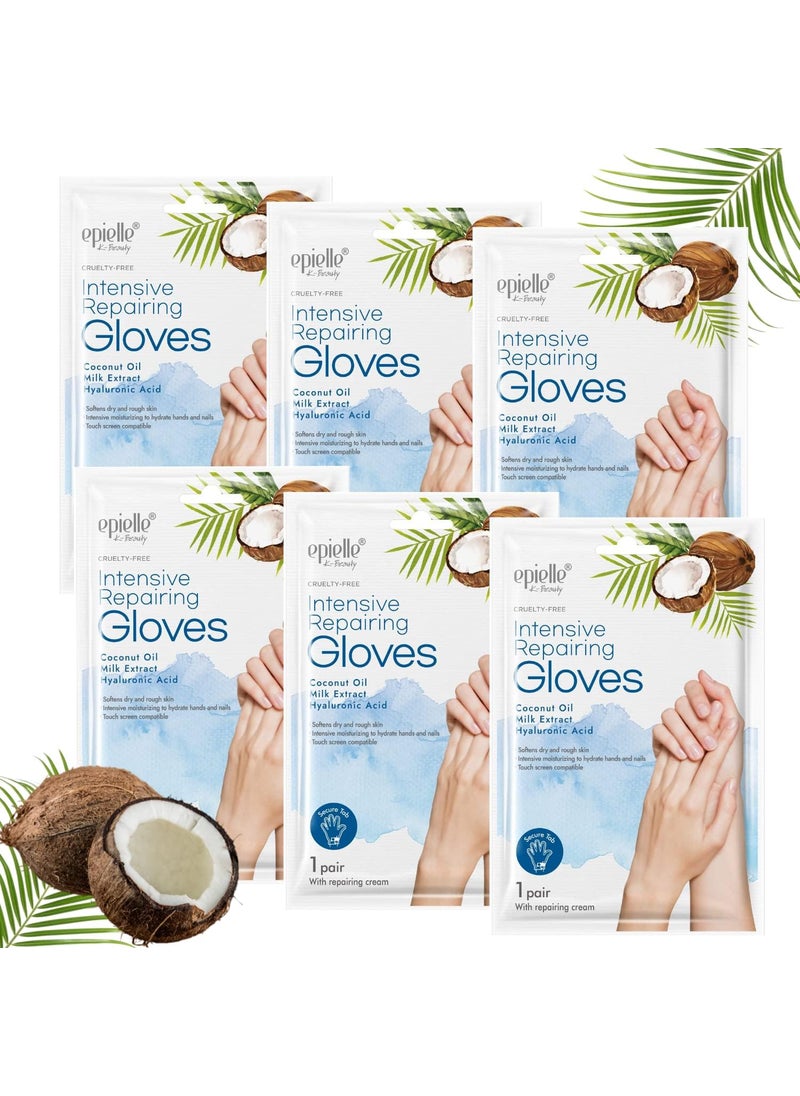 Epielle Intensive Repairing Gloves for Dry and Cracked Hands - 6 Pack | Coconut Oil, Milk Extract, Hyaluronic Acid | Beauty and Skincare Gifts