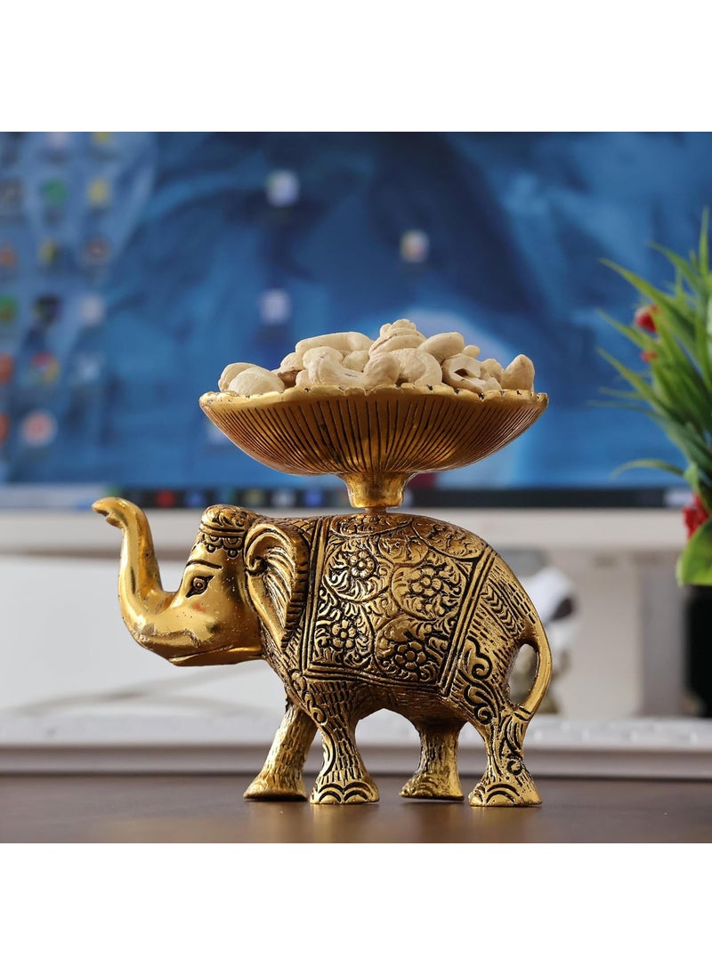 KridayKraft Metal Elephant Dry Fruit Bowl Showpiece Gold Polish for Your Home,Office Table Decorative,Elephant Showpiece Bowl for Gift,Animal Figurines