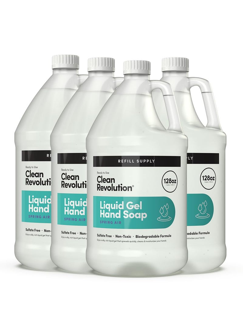 Clean Revolution Liquid Gel Hand Soap, Silky Rich Liquid, Quick Lather, Fast Rinsing, (Spring Air) 128 Fl Oz, 4 Pack
