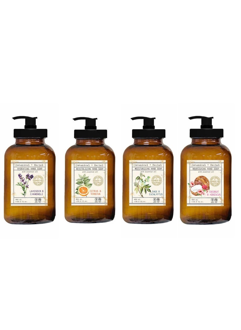 Home and Body Company | Apothecary 101 | 4 Hand Soaps | Hand Wash Ultra Moisturizing Formula in Glass Bottles (Sage/Eucalyptus, Coconut/Hibiscus, Lavender/Chamomile, Citrus/Verbena)