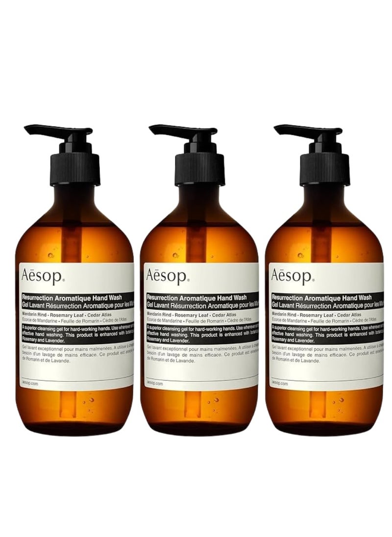 Aesop Resurrection Aromatique Gentle Hand Wash | Cleanse Hands Without Drying | Citrus, Woody, Herbaceous | 16.9 oz / 500mL (Pack of 3)