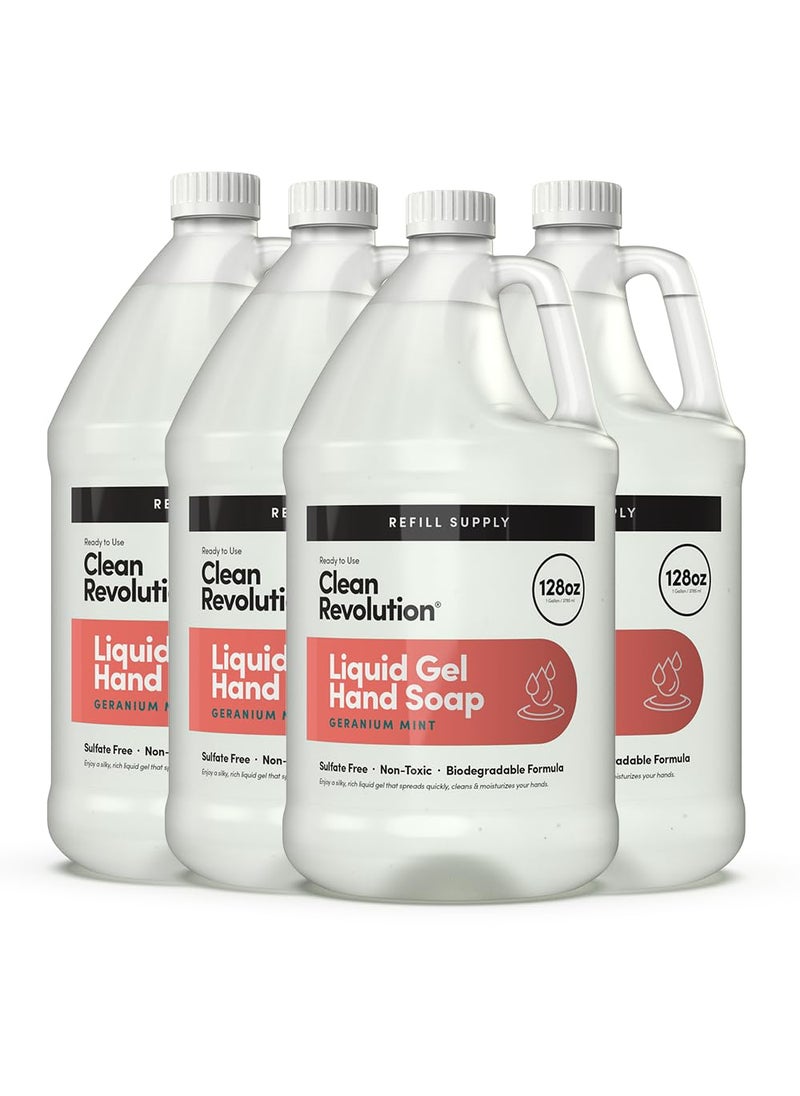 Clean Revolution Liquid Gel Hand Soap, Silky Rich Liquid, Quick Lather, Fast Rinsing, (Geramium Mint) 128 Fl Oz, 4 Pack