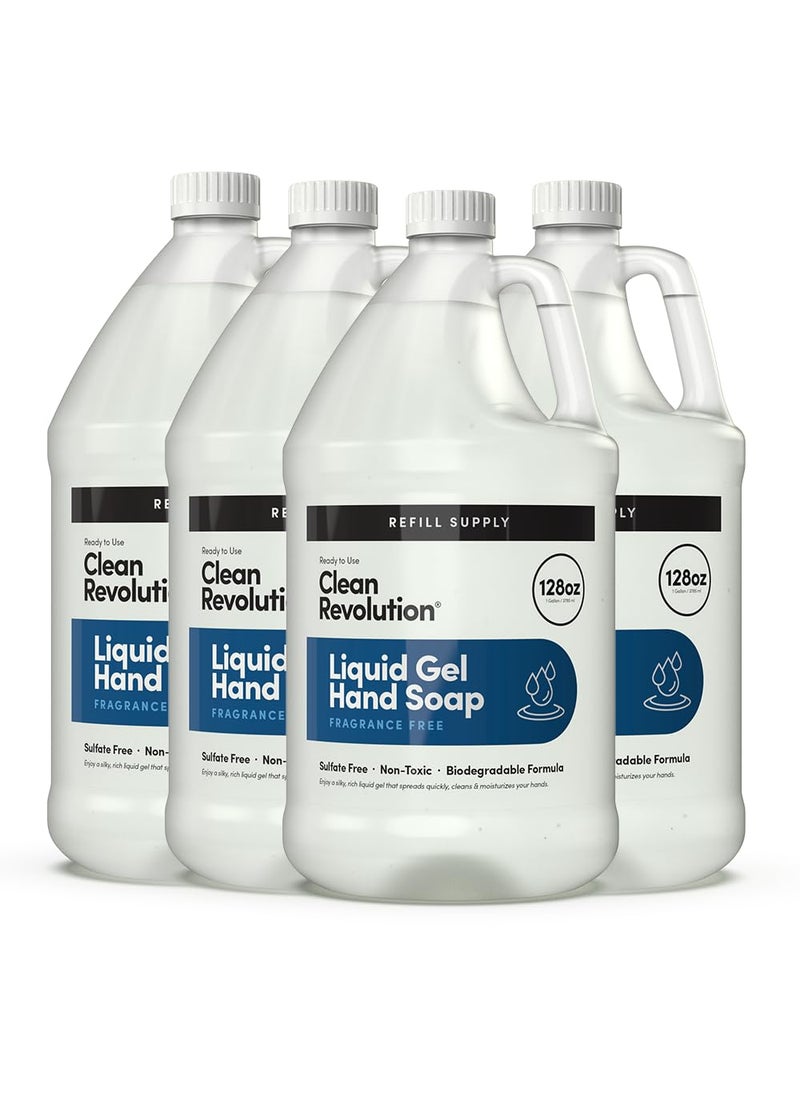Clean Revolution Liquid Gel Hand Soap, Silky Rich Liquid, Quick Lather, Fast Rinsing, (Fragrance Free) 128 Fl Oz, 4 Pack