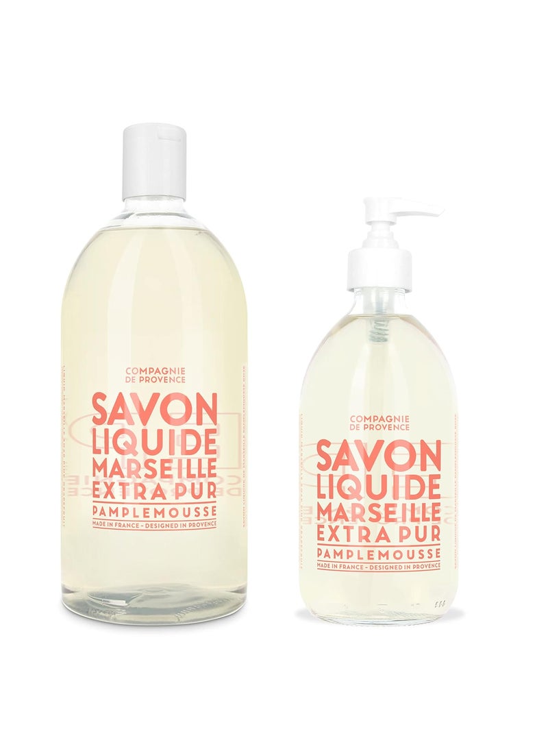 Compagnie de Provence Savon de Marseille Extra Pure Liquid Soap - Pink Grapefruit - 16.9 Fl Oz Glass Pump Bottle and 33.8 fl oz Plastic Bottle Refill