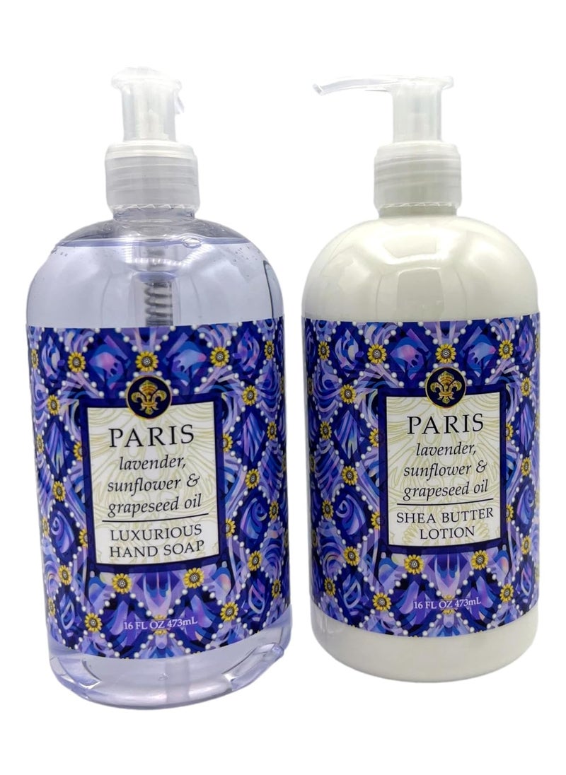 Greenwich Bay Trading Co., Destination Collection - Paris, Hand Soap and Shea Butter Lotion Set, 16 Ounces Each, Purple, white