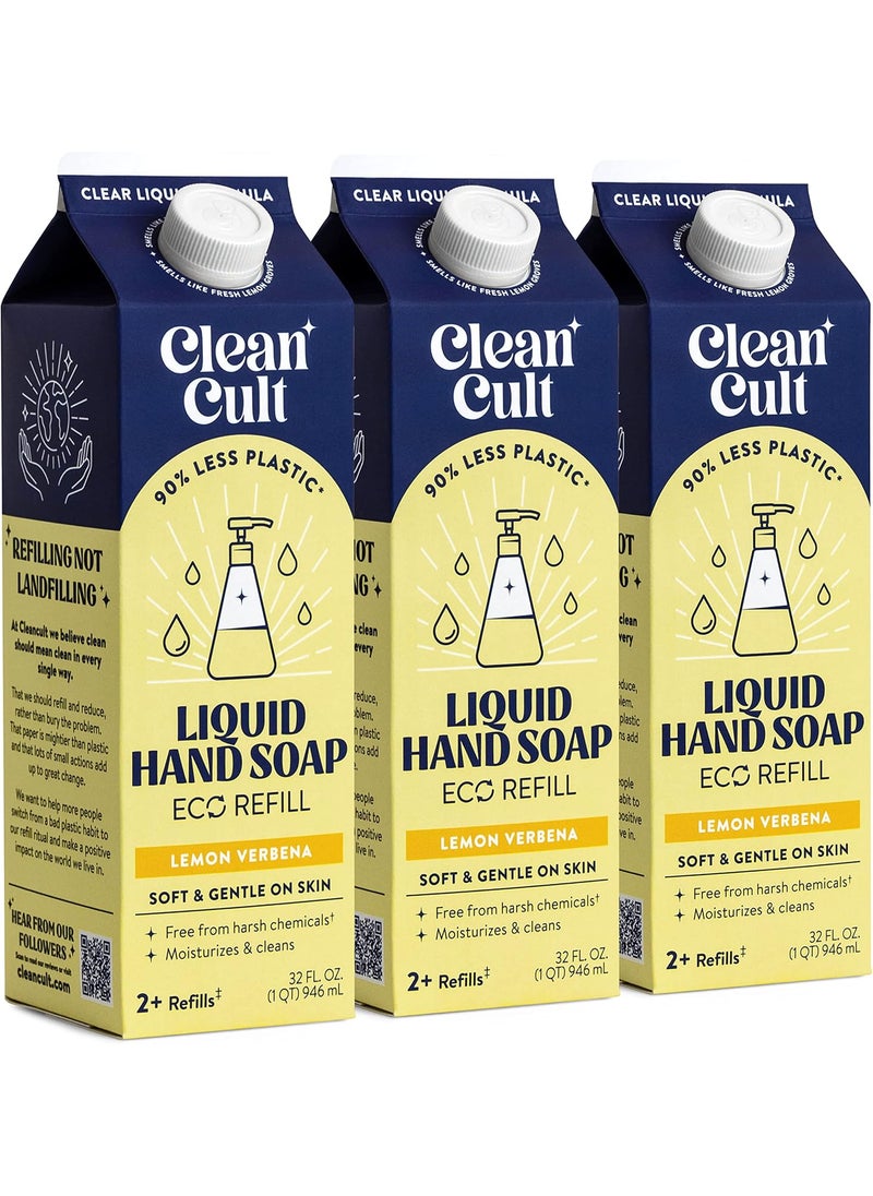 Cleancult Liquid Hand Soap Refills - Lemon Verbena - Moisturizes Dry & Sensitive Skin - Made with Aloe Vera & Essential Oils - Eco Friendly - Paper-Based Packaging - 32 oz/3 Pack