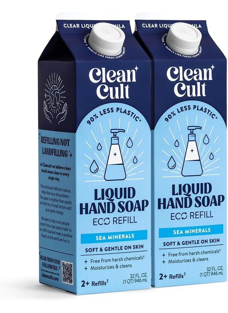 Cleancult - Liquid Hand Soap Refills - Sea Minerals - Gentle On Sensitive Skin - Made with Aloe Vera & Essential Oils - Eco Friendly - Paper-Based Packaging - 32 oz/2 Pack