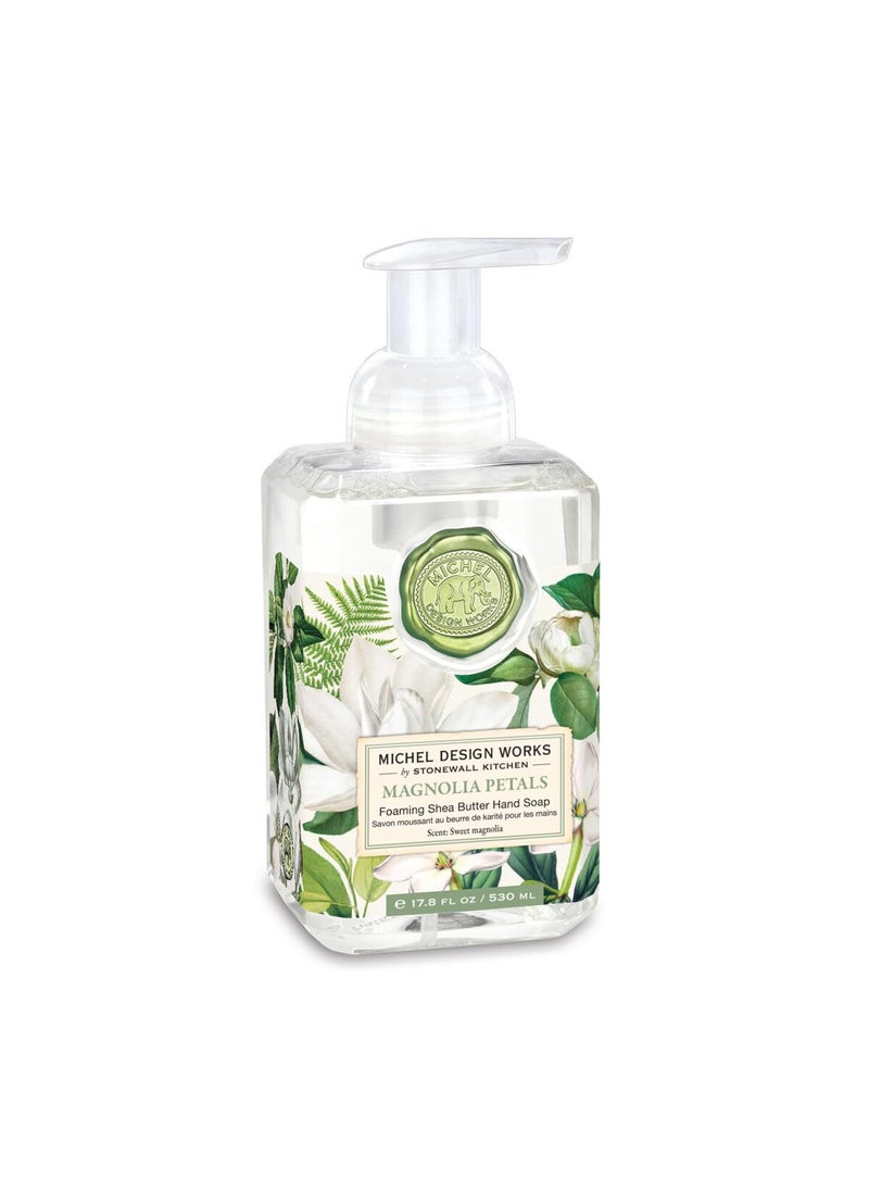 Michel Design Works Foaming Hand Soap 17.8oz, Magnolia Petals Scent and Design, Shea Butter and Aloe Vera Blend, Beautiful Square Container with Pump