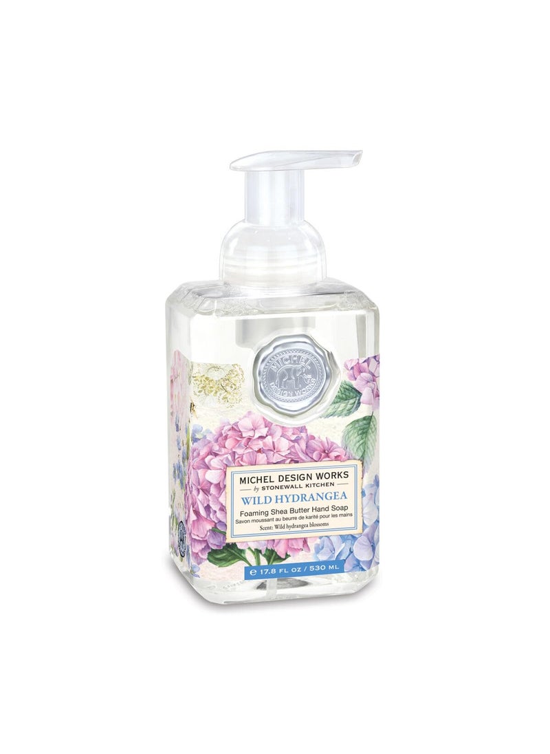 Michel Design Works Foaming Hand Soap 17.8oz, Hydrangea Scent and Design, Shea Butter and Aloe Vera Blend, Beautiful Square Container with Pump