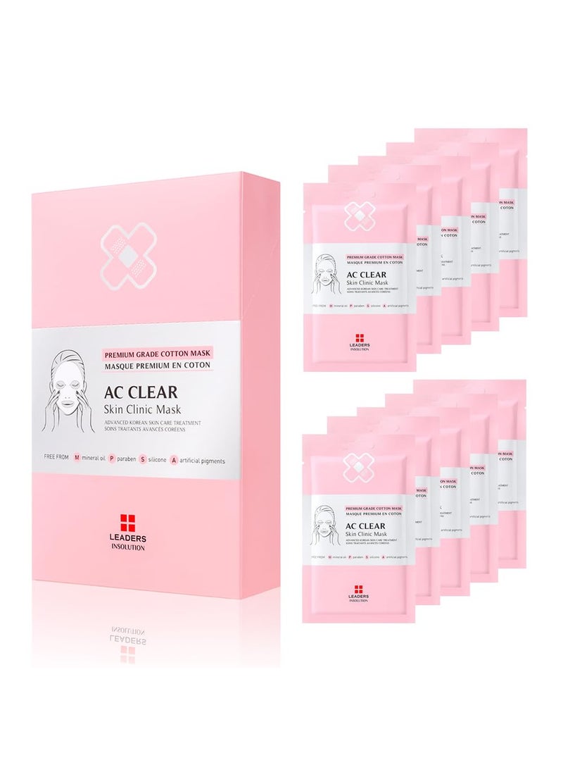 Leaders Insolution AC Clear Skin Clinic Mask | Snail Secretion & Tea Tree Oil for Acne, Redness, Oil Control | 100% Cotton Bemliese Sheet | Balances & Soothes Sensitive Skin (10 Sheets)