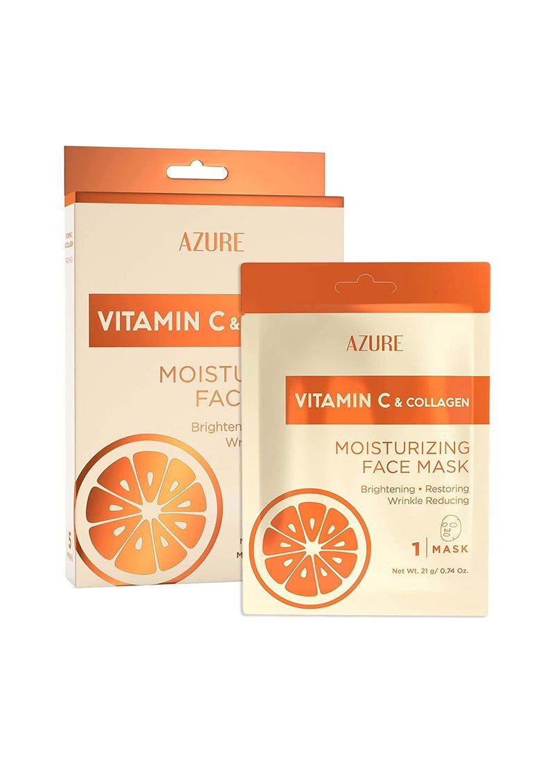 Azure Cosmetics Vitamin C & Collagen Moisturizing Facial Sheet Mask- Anti Aging, Deeply Moisturizing & Firming - Improves Elasticity - Skin Care Made in Korea - Pack of 5