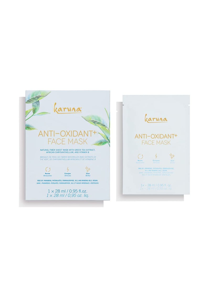 Karuna Anti-Oxidant+ Sheet Masks for Revitalized Skin, Moisturizing & Hydrating Face Masks Skincare Essential, Sheet Mask with Green Tea, Licorice & Chrysanthellum, 1-Pack