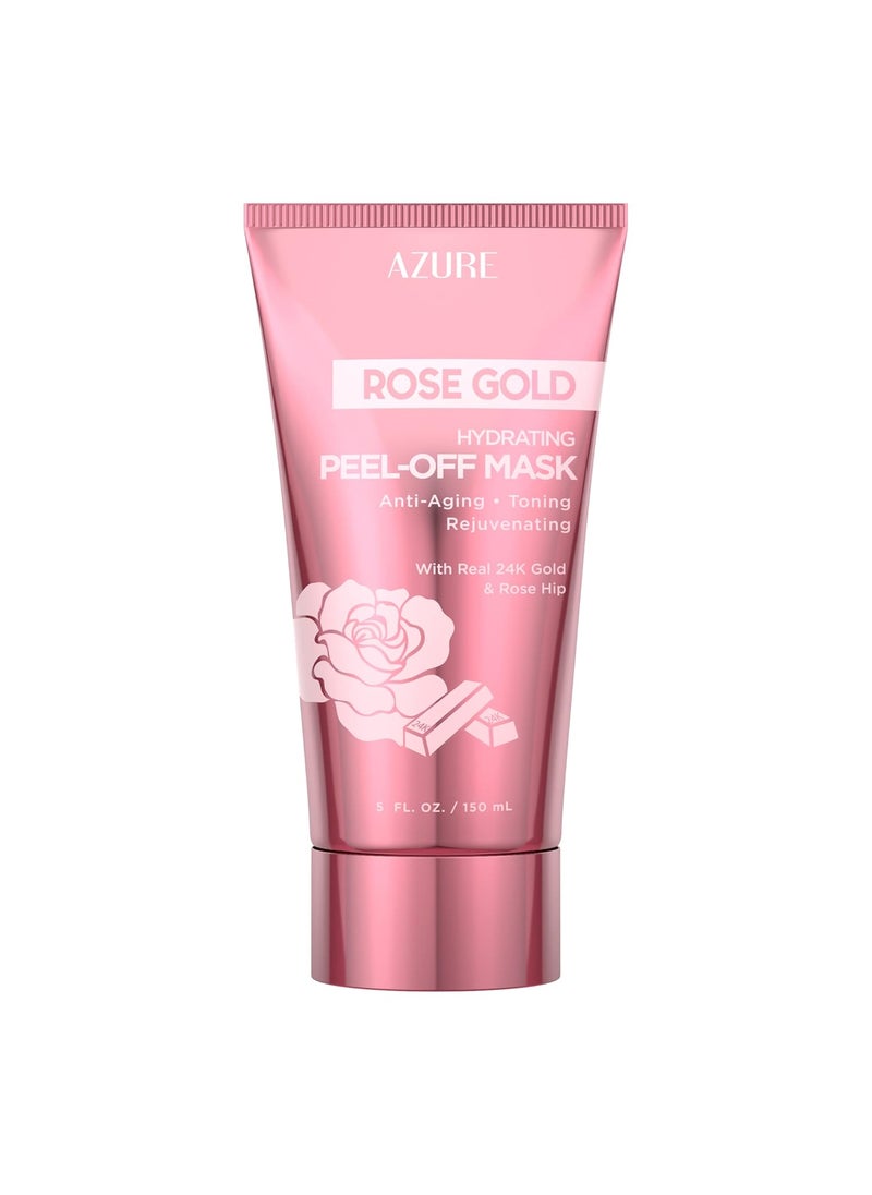 Azure Cosmetics Rose Gold Hydrating Peel Off Face Mask- Anti Aging, Toning & Rejuvenating - Removes Blackheads, Dirt & Oils - With Gold and Rose Water - Skin Care - 150mL / 5 fl.oz.