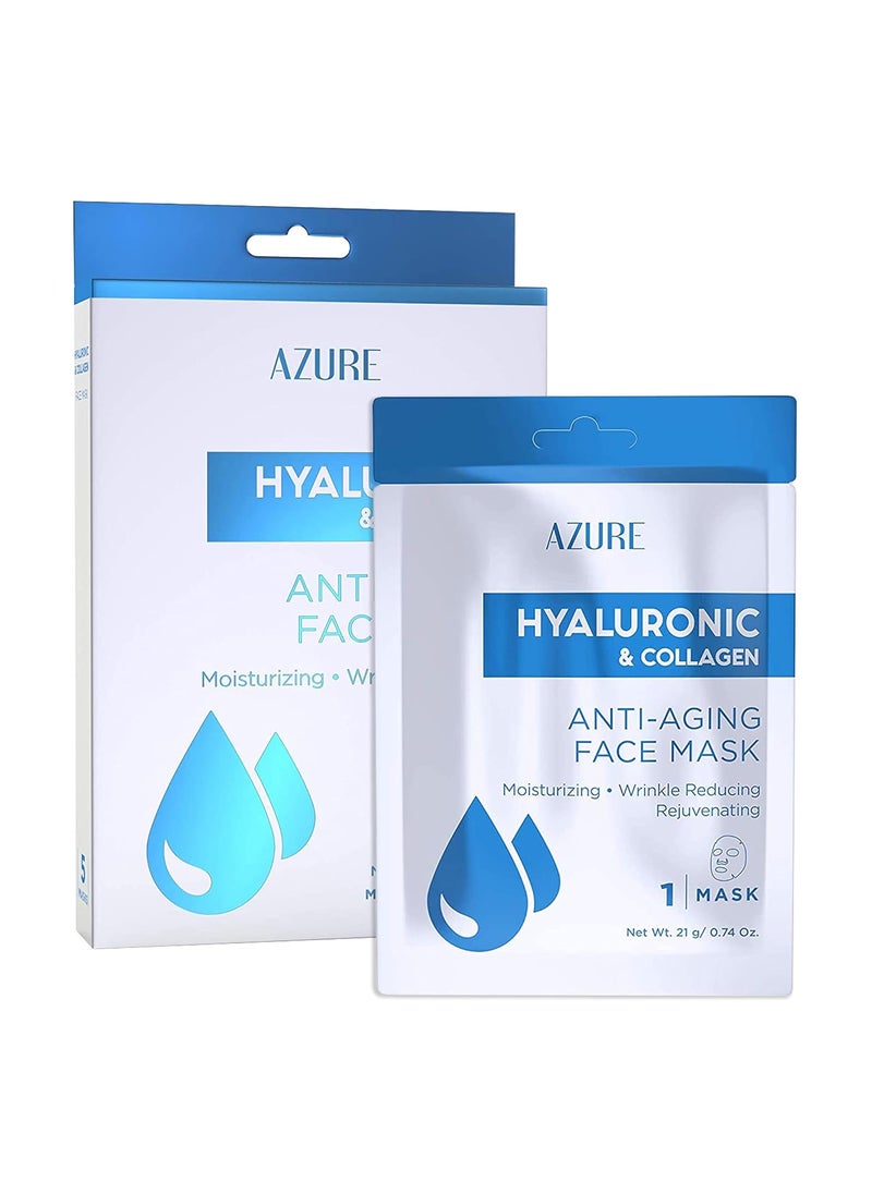 Azure Cosmetics Hyaluronic Acid & Collagen Anti Aging Sheet Facial Mask - Rejuvenating & Moisturizing Face - Helps Reduce Fine Lines & Wrinkles, Tightens & Smooths - Made in Korea - Pack of 5