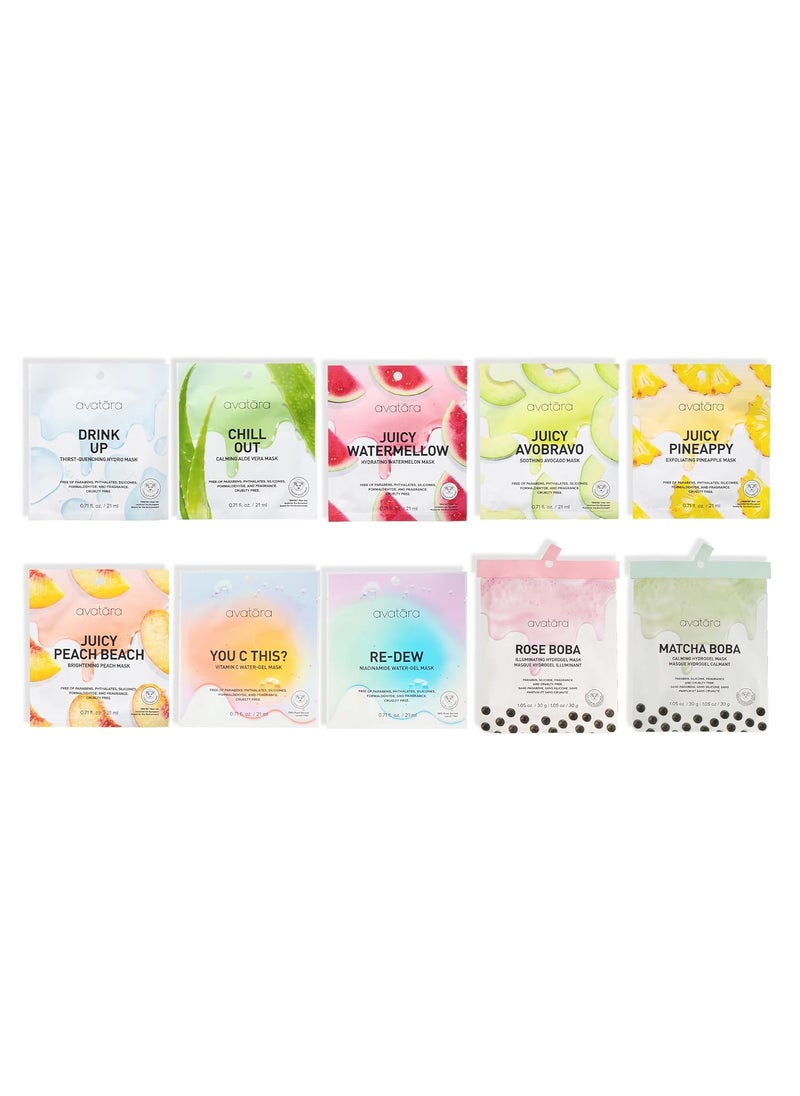 Avatara Sheet Mask Set, Facial Mask Variety Set of 10, Face Mask Skincare with Natural Extracts, Hydrating Face Mask Skin Care Set, Made with Tencel Fibers, All Skin Types, Teen Skincare, 10 Pack