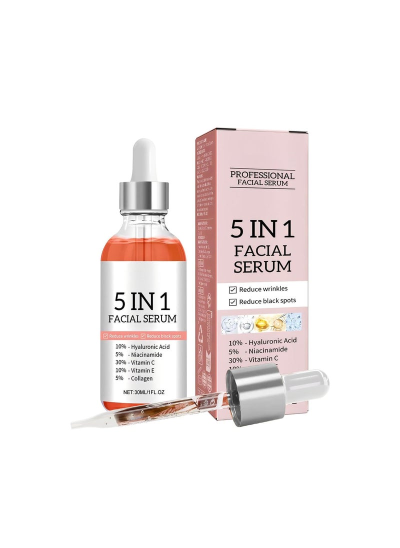 5 in 1 Facial Serum with Vitamin C, Vitamin E, Hyaluronic Acid, Niacinamide & Collagen, Vitamin C Facial Serum, Face Serum for Women for Dull Skin & Facial Moisturizing, 1.05 Fl Oz